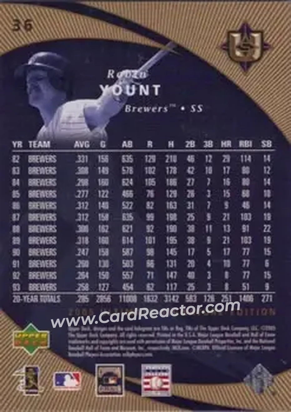 2005 UD Ultimate Signature Edition #36 - Robin Yount - Milwaukee Brewers - Back