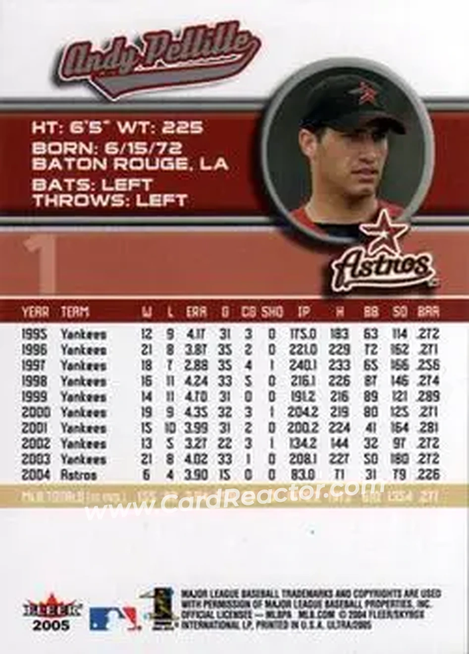 2005 Ultra #1 - Andy Pettitte - Houston Astros - Back