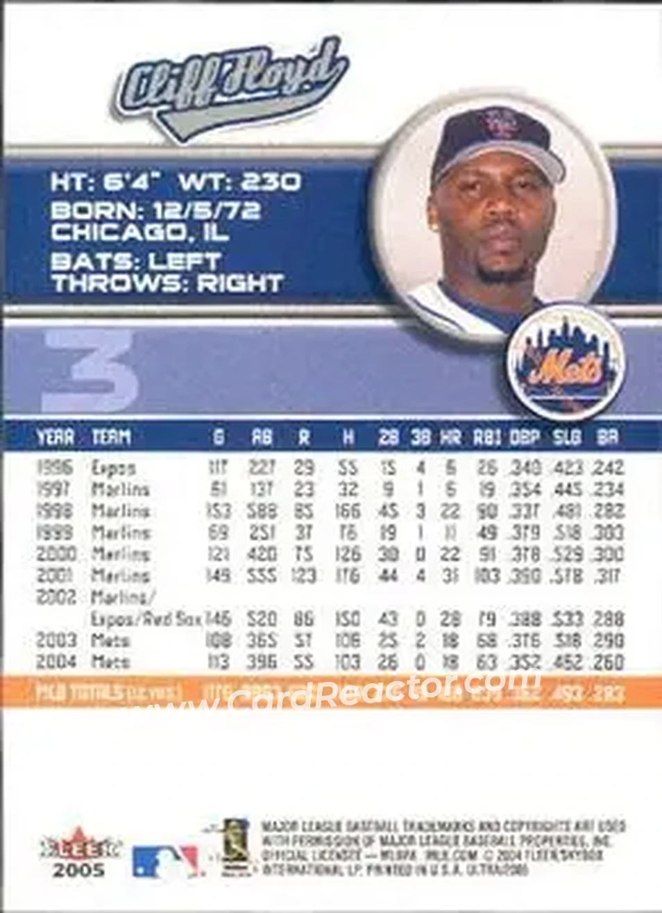 2005 Ultra #3 - Cliff Floyd - New York Mets - Back