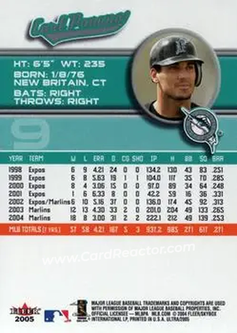 2005 Ultra #9 - Carl Pavano - Florida Marlins - Back