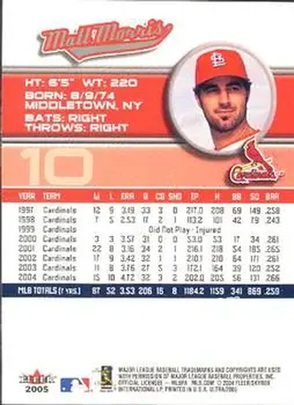 2005 Ultra #10 - Matt Morris - St. Louis Cardinals - Back