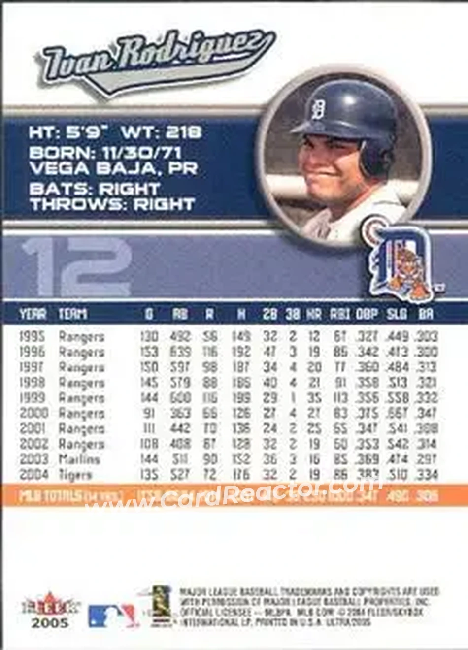 2005 Ultra #12 - Ivan Rodriguez - Detroit Tigers - Back
