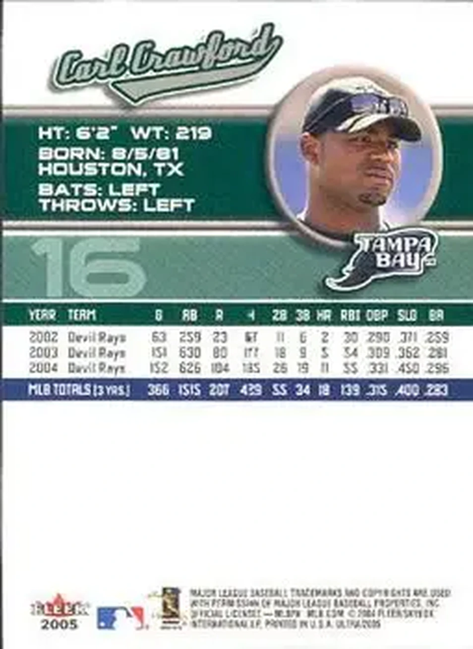 2005 Ultra #16 - Carl Crawford - Tampa Bay Devil Rays - Back