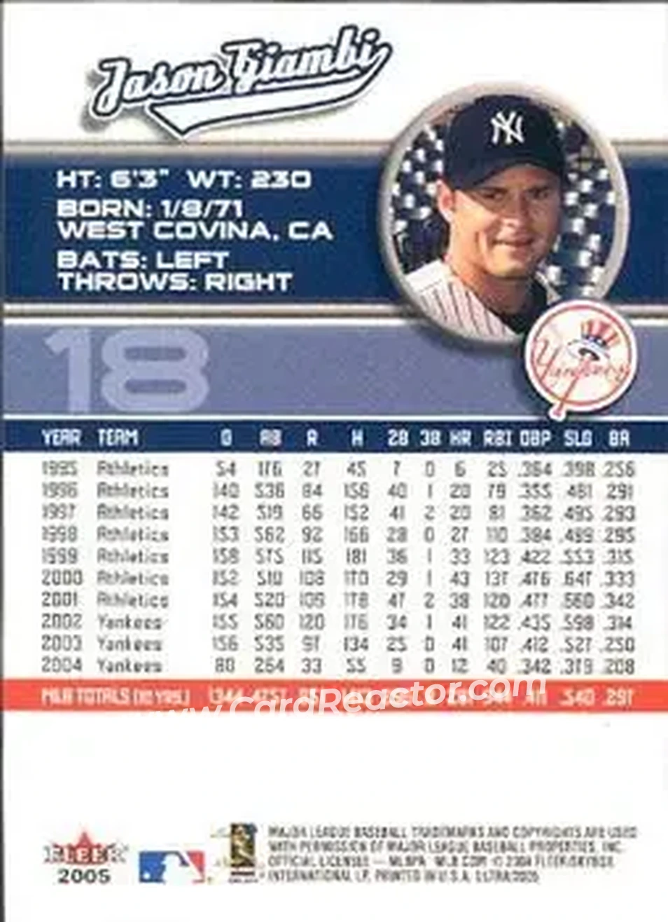 2005 Ultra #18 - Jason Giambi - New York Yankees - Back 2005 Ultra #18 - Jason Giambi - New York Yankees - Back