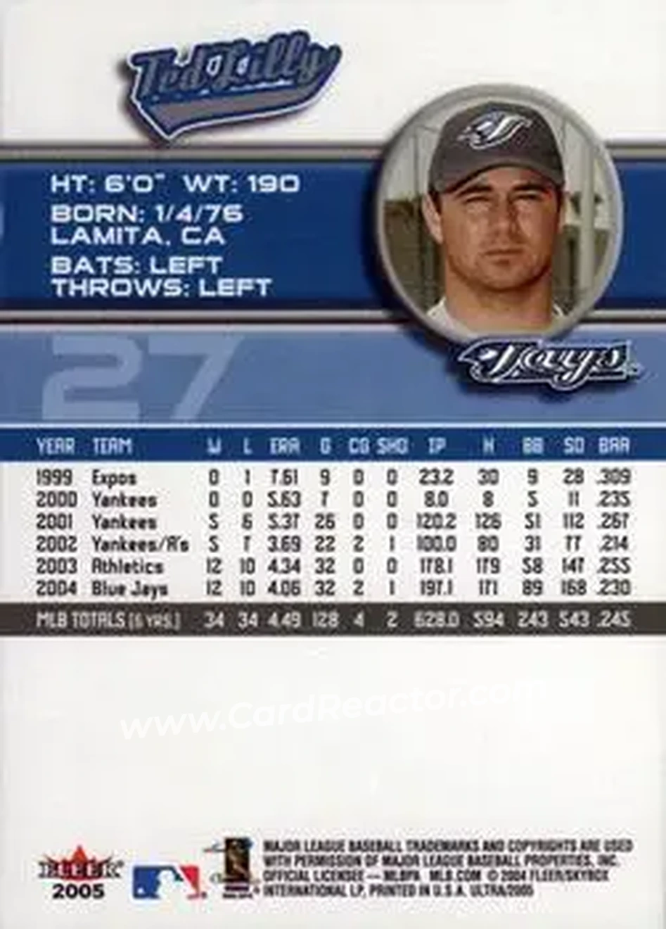 2005 Ultra #27 - Ted Lilly - Toronto Blue Jays - Back