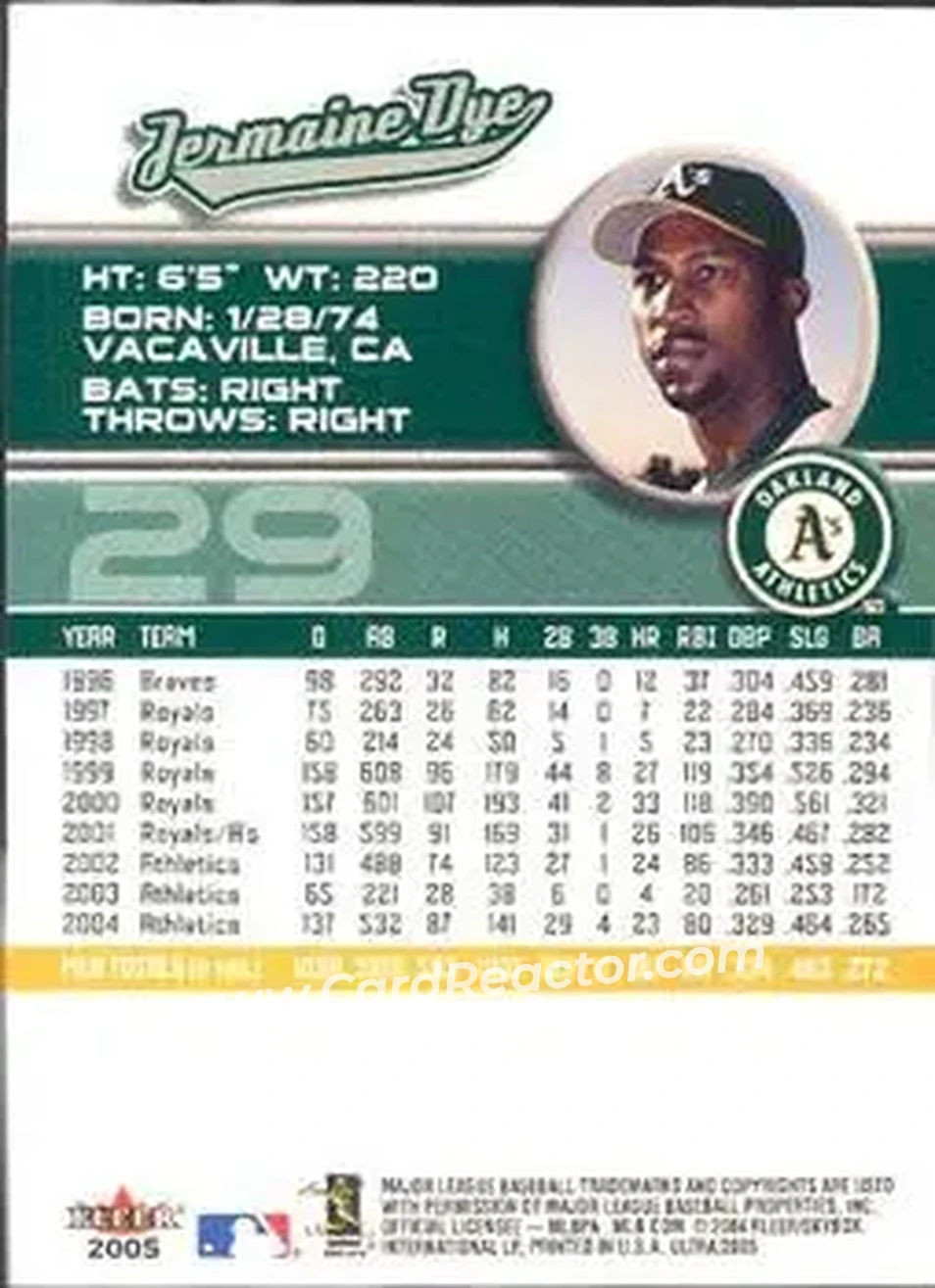 2005 Ultra #29 - Jermaine Dye - Oakland Athletics - Back