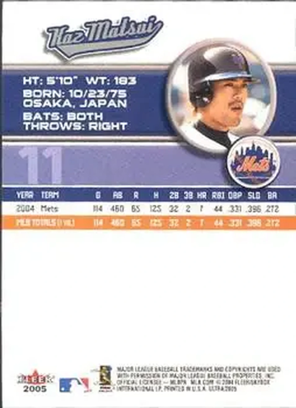 2005 Ultra #11 - Kazuo Matsui - New York Mets - Back 2005 Ultra #11 - Kazuo Matsui - New York Mets - Back