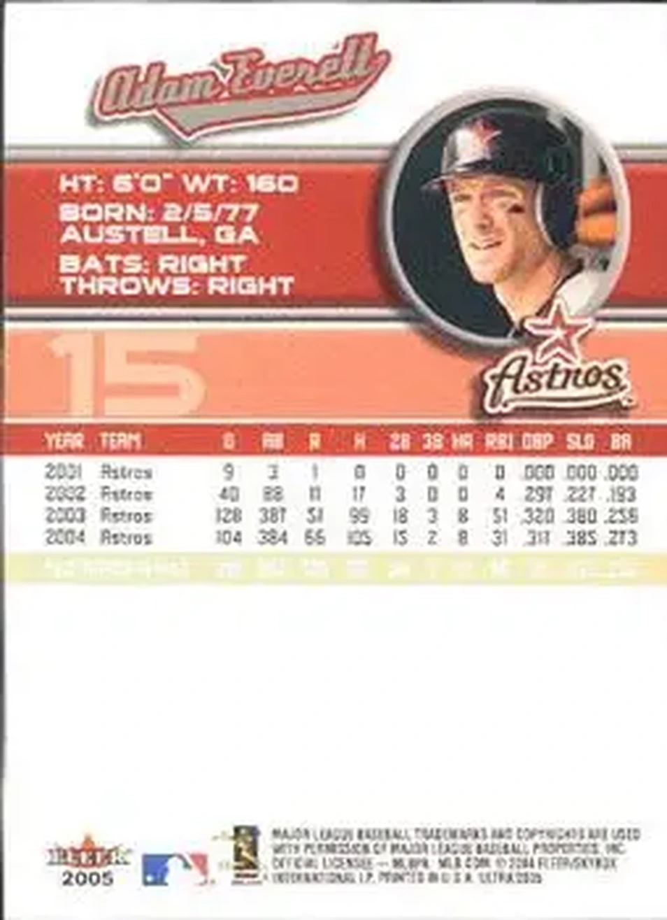 2005 Ultra #15 - Adam Everett - Houston Astros - Back