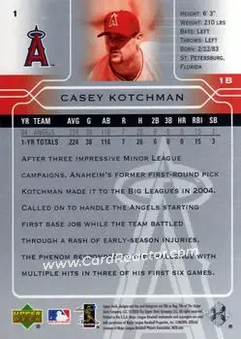2005 Upper Deck #1 - Casey Kotchman - Los Angeles Angels - Back