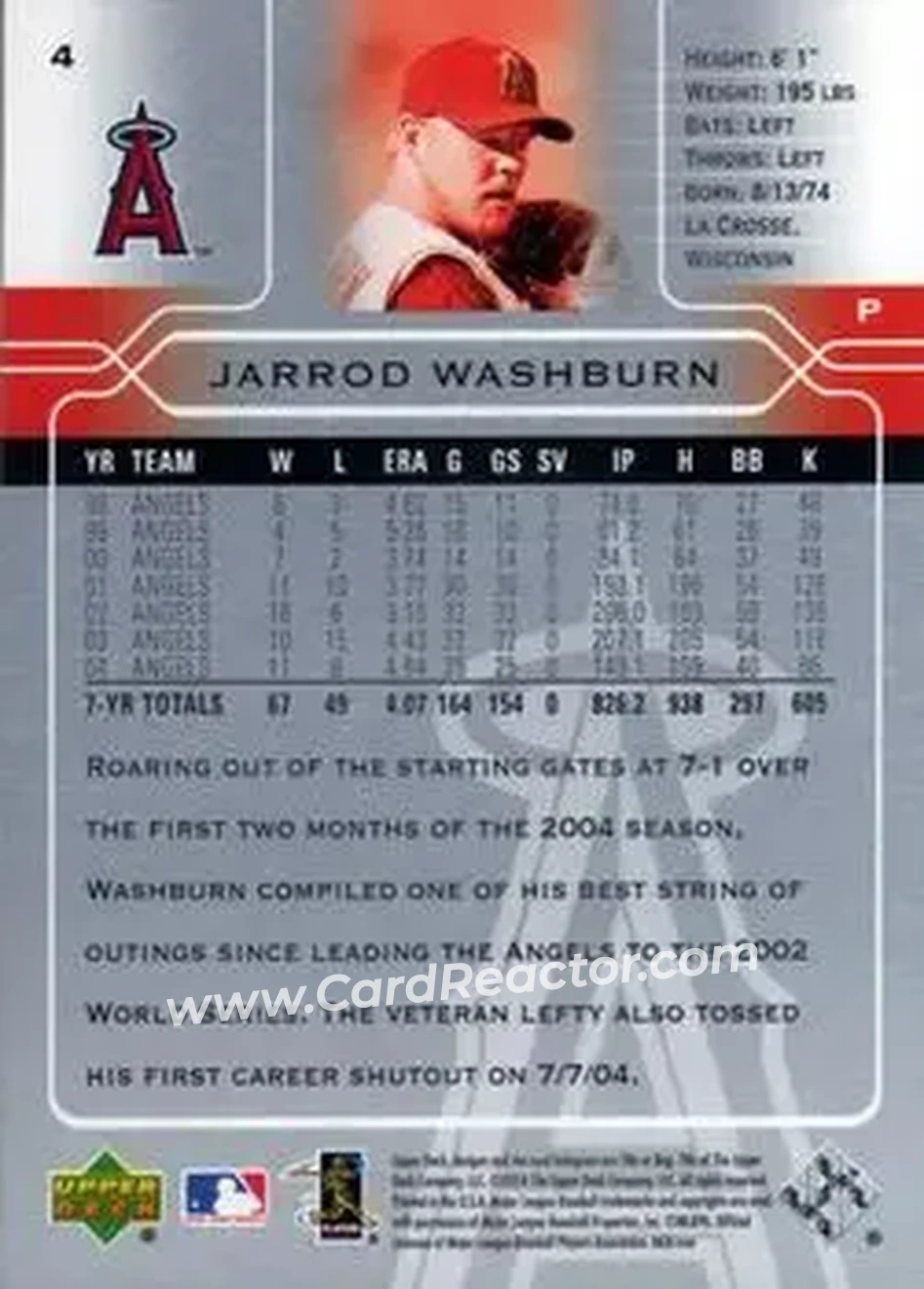 2005 Upper Deck #4 - Jarrod Washburn - Los Angeles Angels - Back