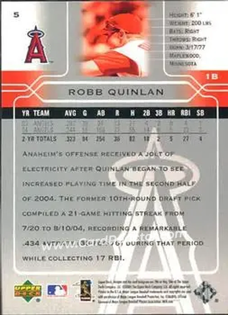 2005 Upper Deck #5 - Robb Quinlan - Los Angeles Angels - Back