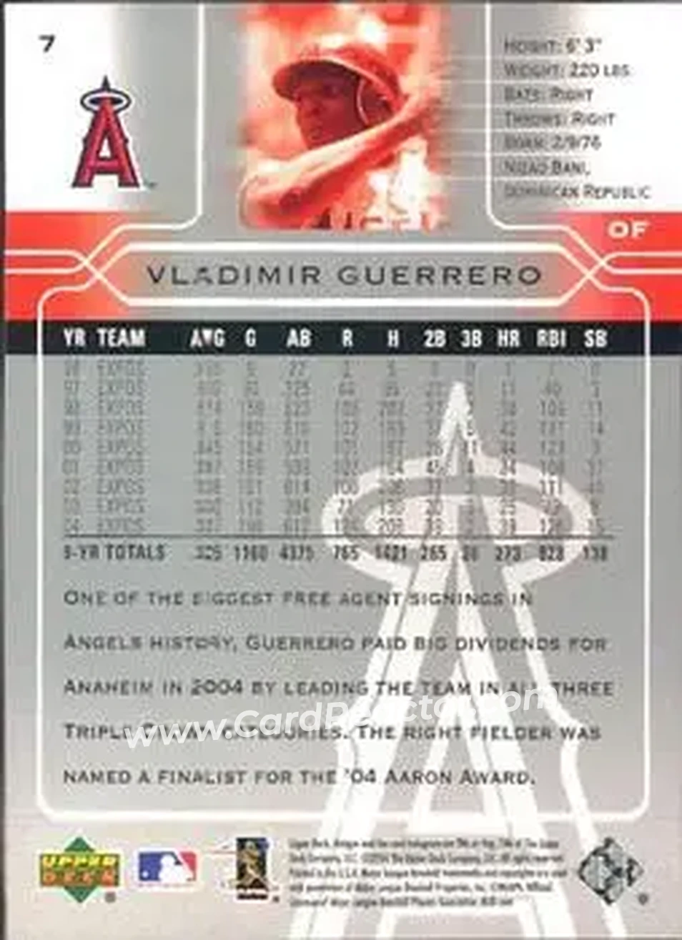 2005 Upper Deck #7 - Vladimir Guerrero - Los Angeles Angels - Back