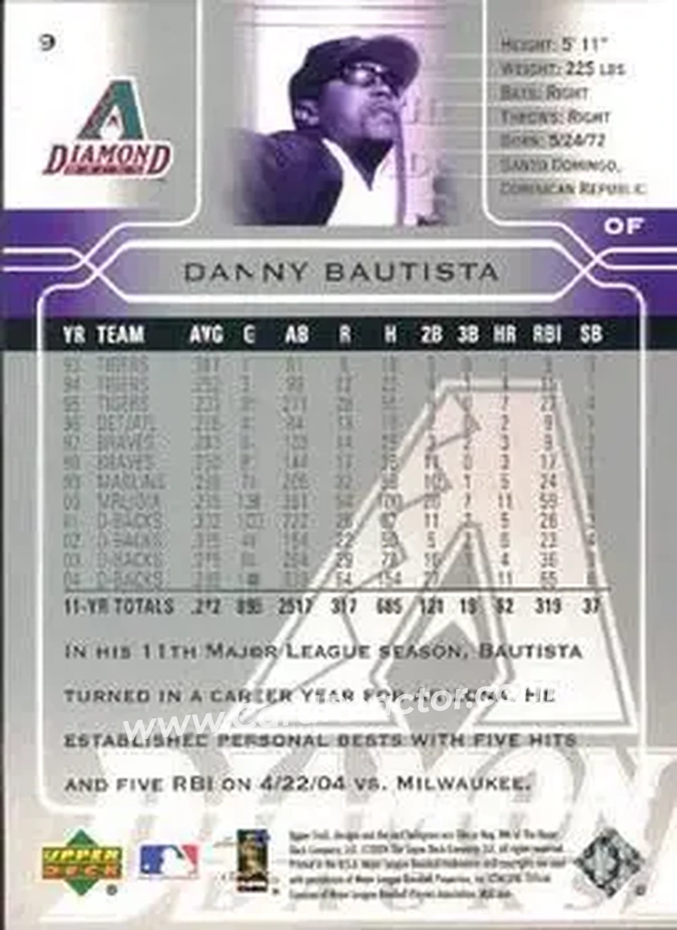 2005 Upper Deck #9 - Danny Bautista - Arizona Diamondbacks - Back