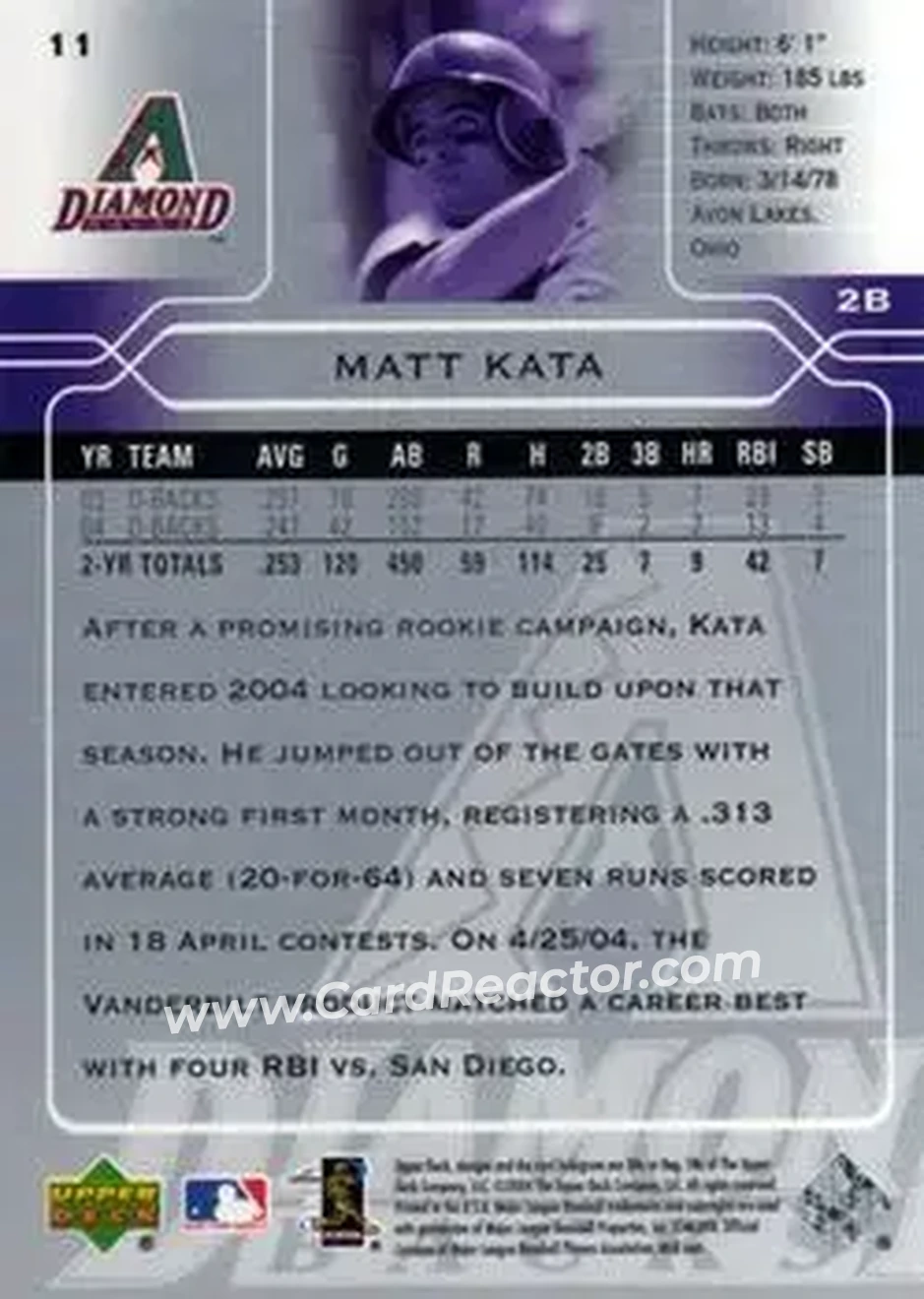 2005 Upper Deck #11 - Matt Kata - Arizona Diamondbacks - Back