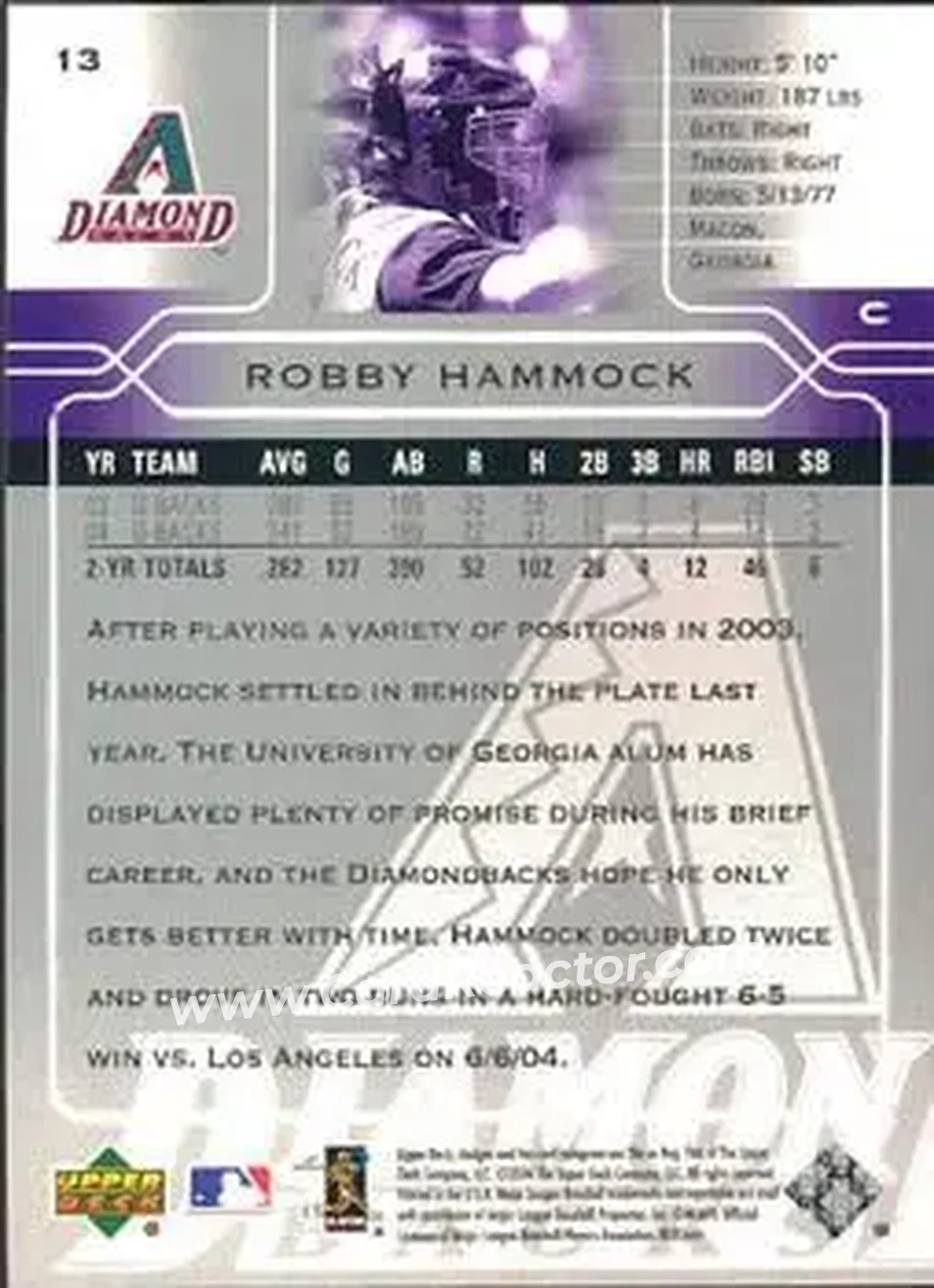 2005 Upper Deck #13 - Robby Hammock - Arizona Diamondbacks - Back