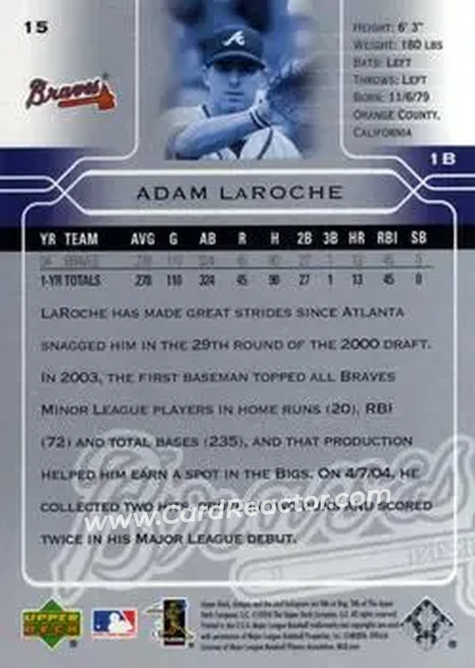 2005 Upper Deck #15 - Adam LaRoche - Atlanta Braves - Back