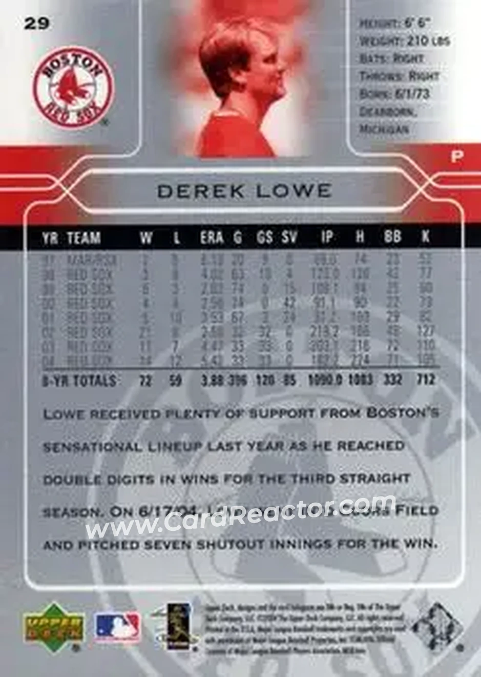 2005 Upper Deck #29 - Derek Lowe - Boston Red Sox - Back