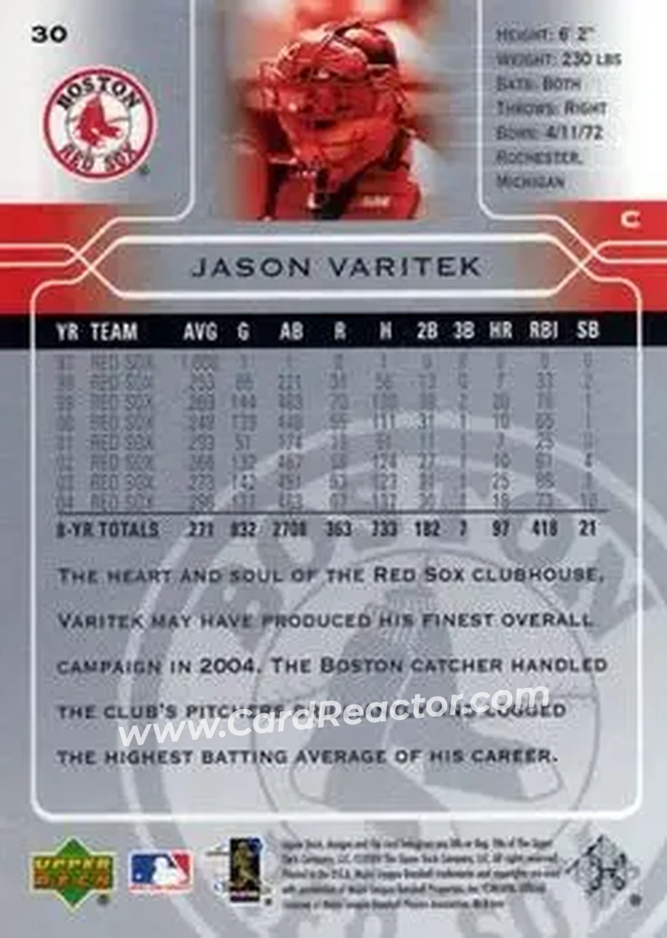 2005 Upper Deck #30 - Jason Varitek - Boston Red Sox - Back