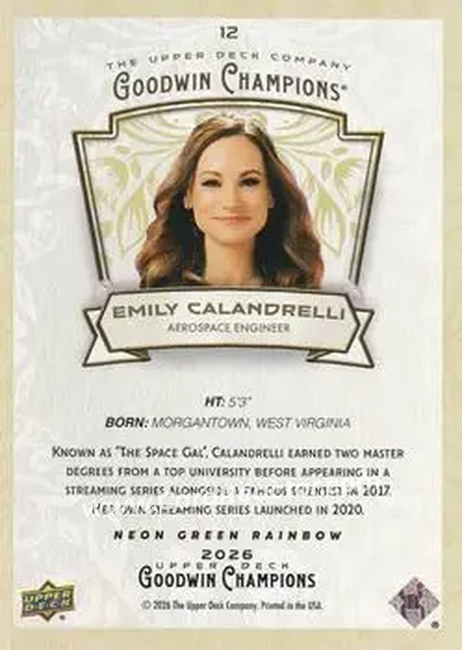 2026 Upper Deck Goodwin Champions - Neon Green Rainbow #12 - Emily Calandrelli - Back