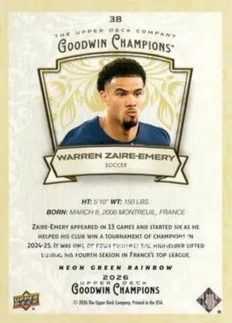 2026 Upper Deck Goodwin Champions - Neon Green Rainbow #38 - Warren Zaire-Emery - Back