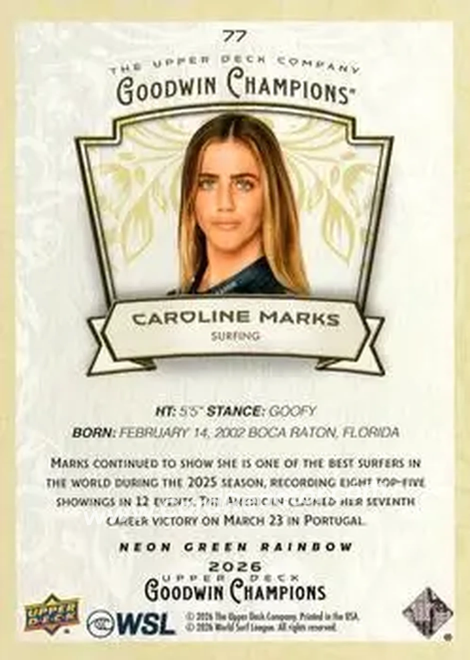 2026 Upper Deck Goodwin Champions - Neon Green Rainbow #77 - Caroline Marks - Back