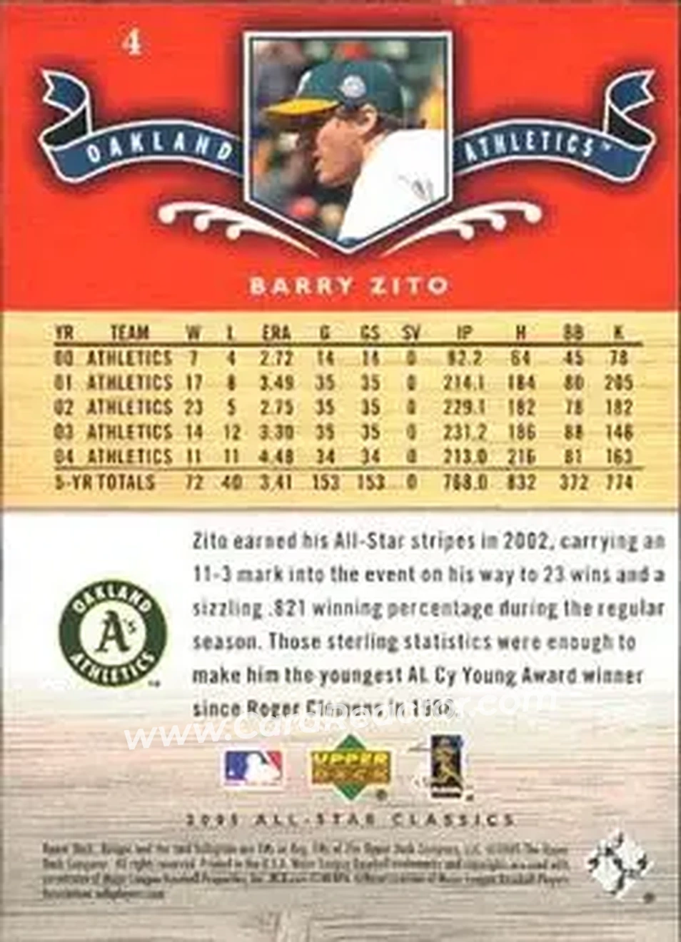 2005 Upper Deck All-Star Classics #4 - Barry Zito - Oakland Athletics - Back