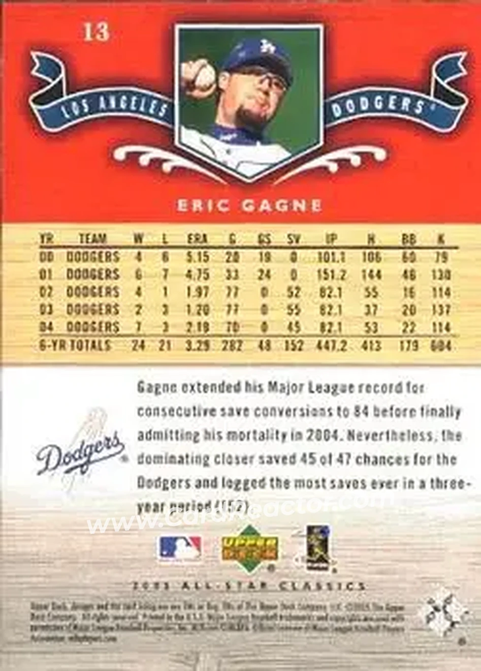 2005 Upper Deck All-Star Classics #13 - Eric Gagne - Los Angeles Dodgers - Back