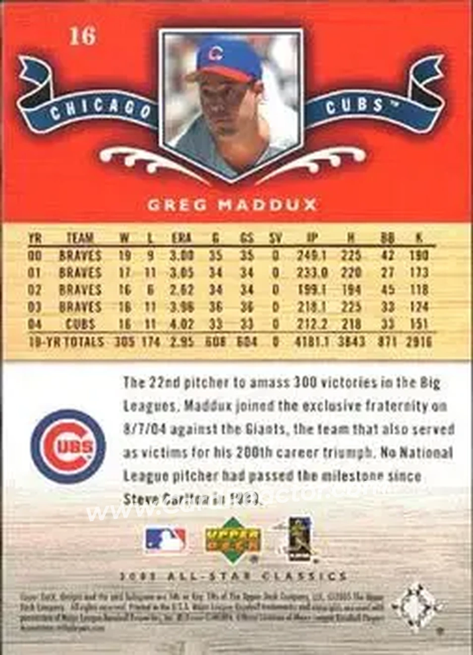 2005 Upper Deck All-Star Classics #16 - Greg Maddux - Chicago Cubs - Back