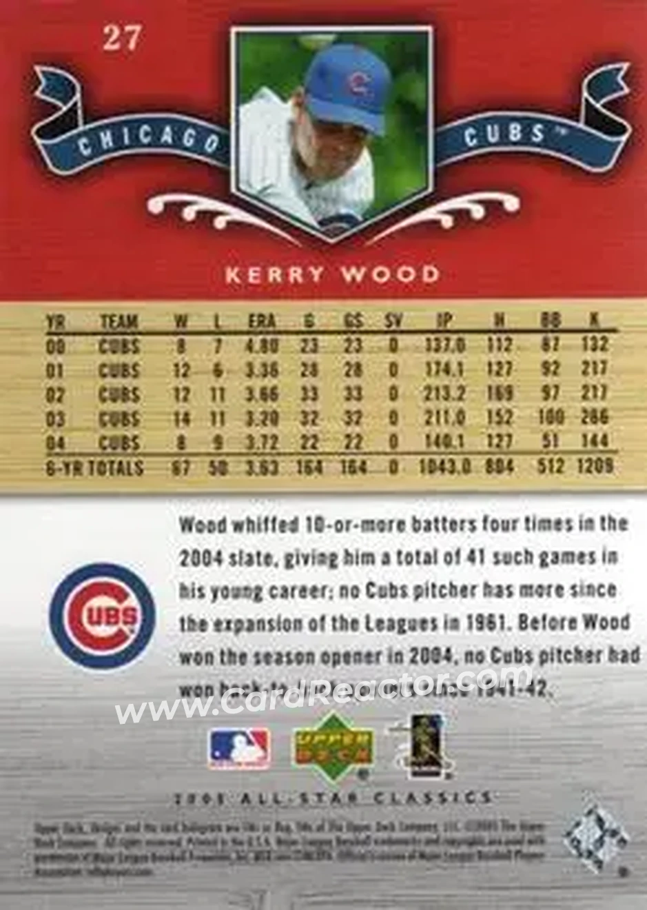 2005 Upper Deck All-Star Classics #27 - Kerry Wood - Chicago Cubs - Back