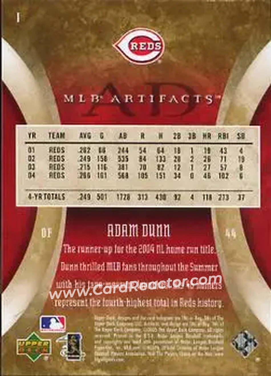 2005 Upper Deck Artifacts #1 - Adam Dunn - Cincinnati Reds - Back
