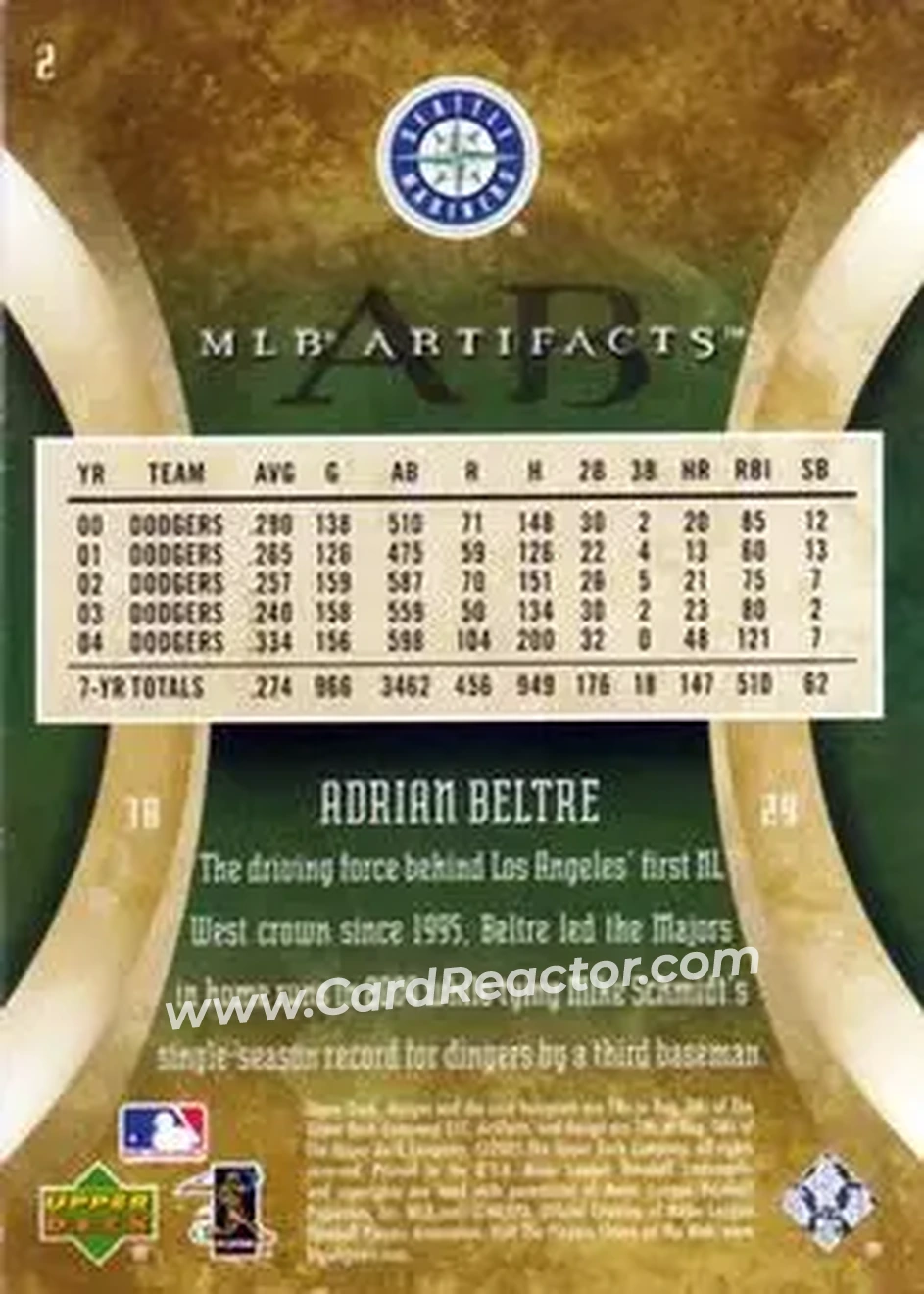 2005 Upper Deck Artifacts #2 - Adrian Beltré - Seattle Mariners - Back