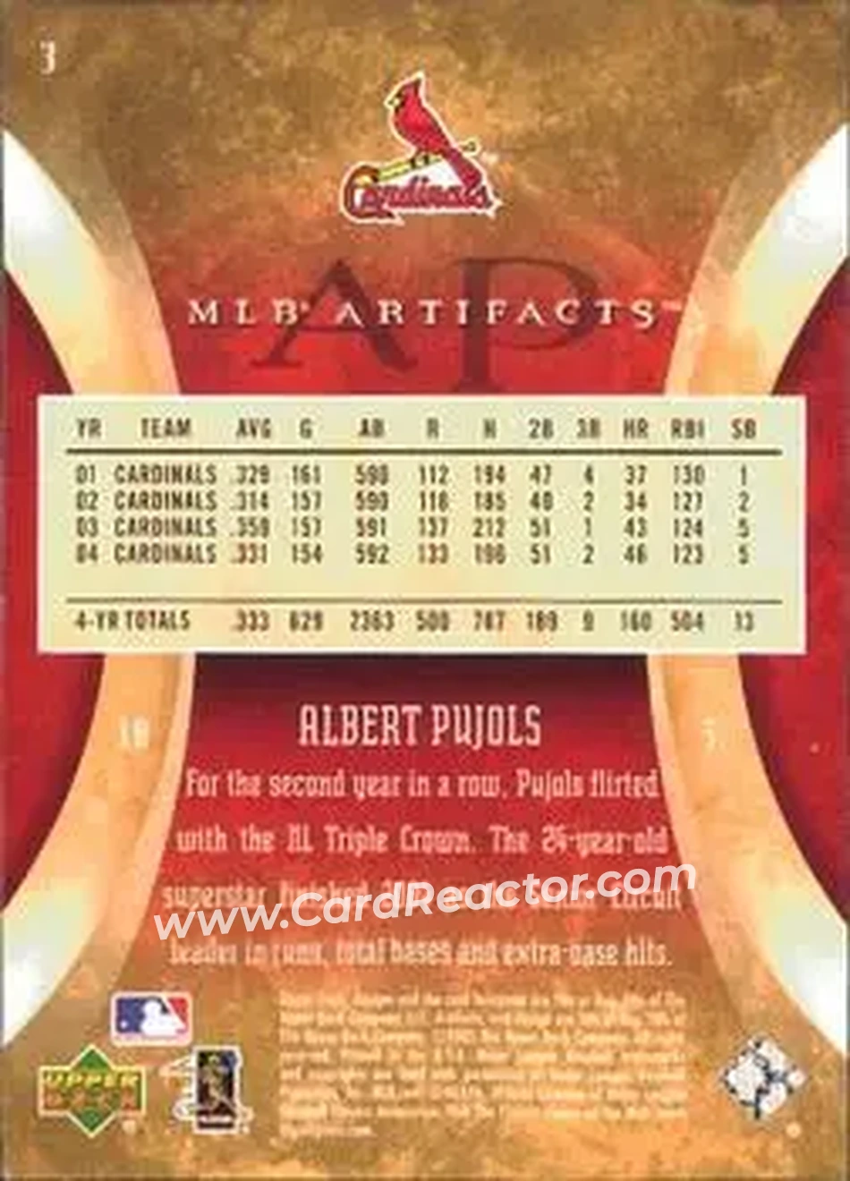 2005 Upper Deck Artifacts #3 - Albert Pujols - St. Louis Cardinals - Back 2005 Upper Deck Artifacts #3 - Albert Pujols - St. Louis Cardinals - Back