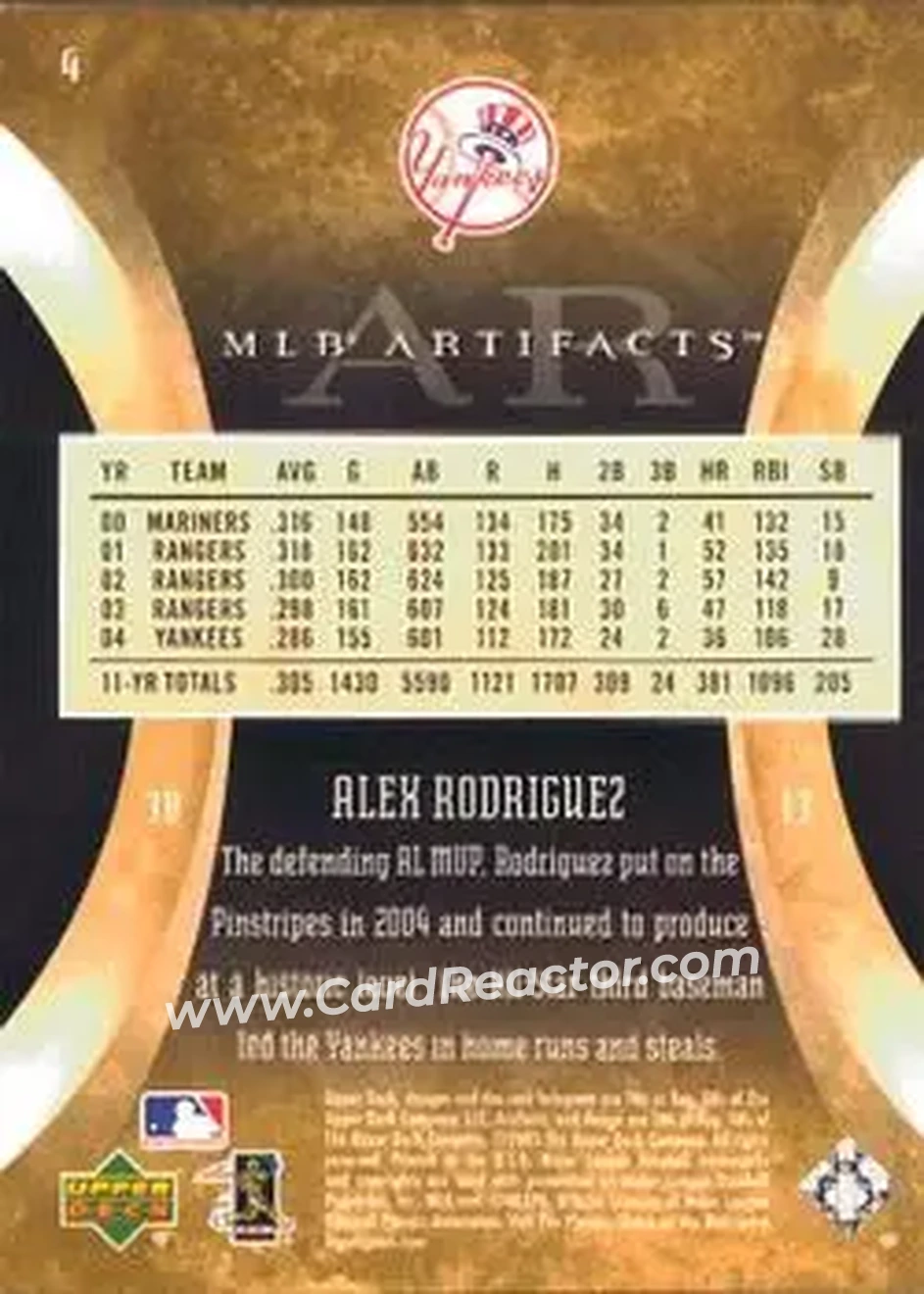 2005 Upper Deck Artifacts #4 - Alex Rodriguez - New York Yankees - Back