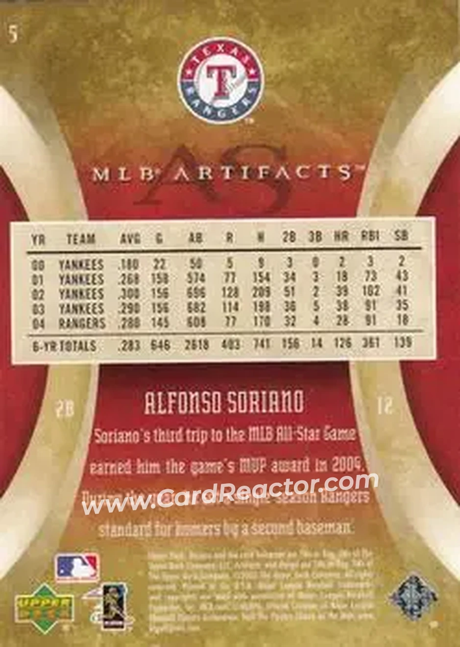 2005 Upper Deck Artifacts #5 - Alfonso Soriano - Texas Rangers - Back