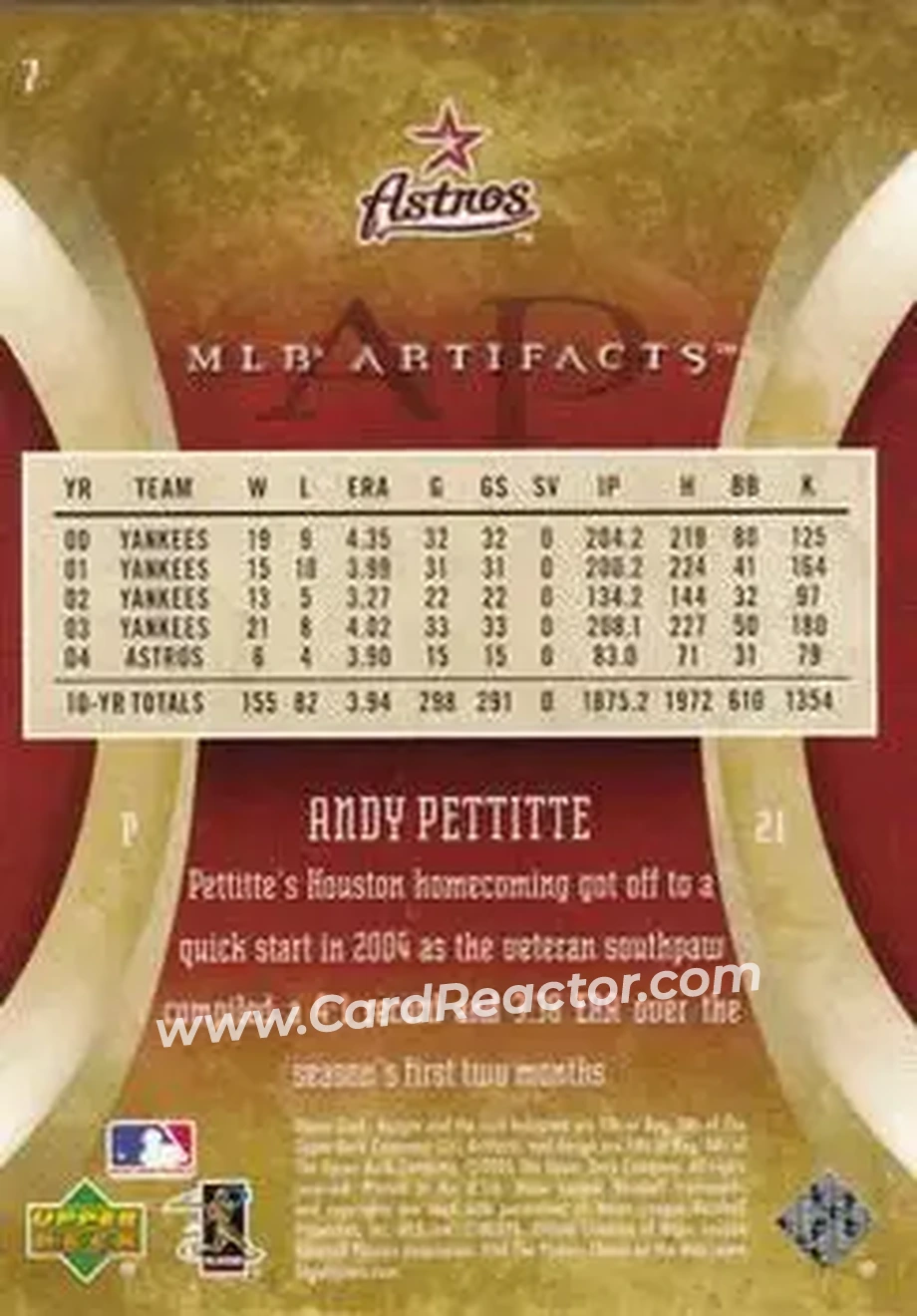 2005 Upper Deck Artifacts #7 - Andy Pettitte - Houston Astros - Back