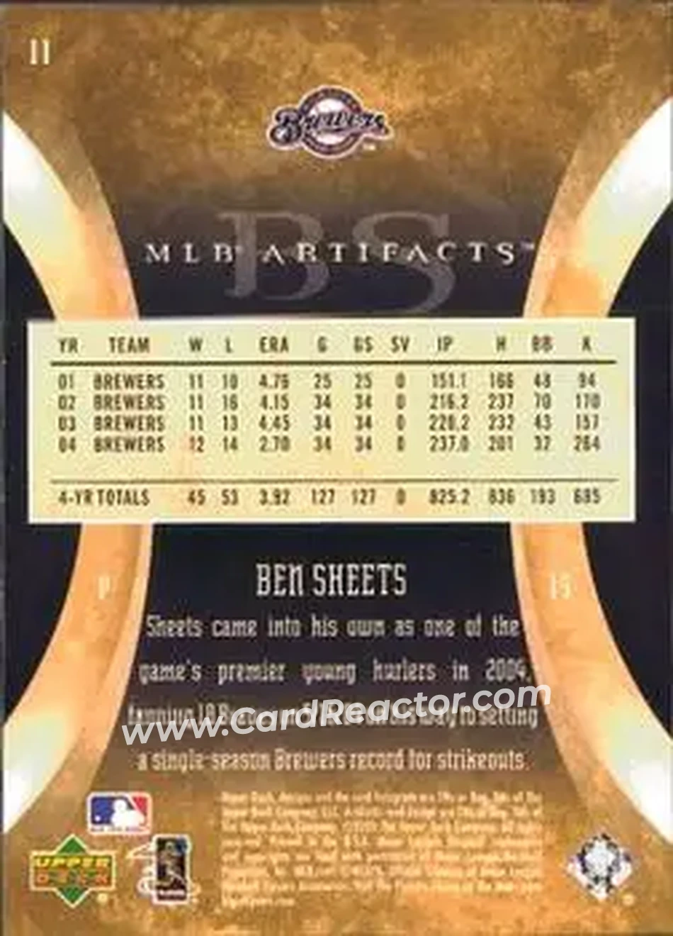 2005 Upper Deck Artifacts #11 - Ben Sheets - Milwaukee Brewers - Back