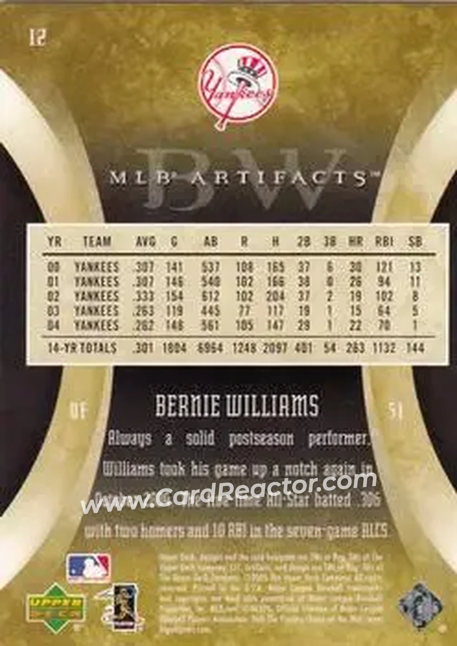 2005 Upper Deck Artifacts #12 - Bernie Williams - New York Yankees - Back