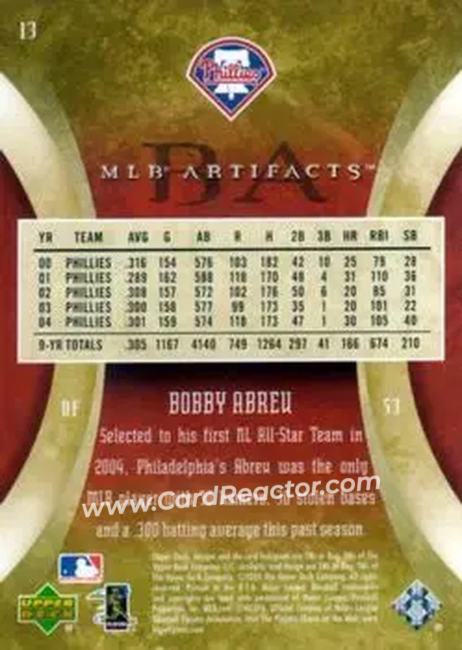 2005 Upper Deck Artifacts #13 - Bob Abreu - Philadelphia Phillies - Back