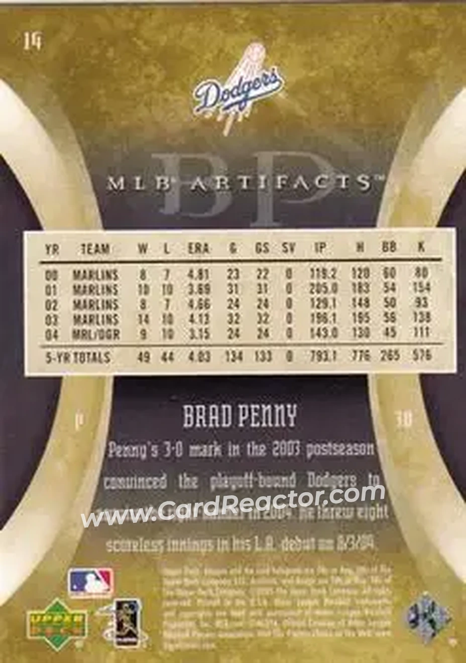 2005 Upper Deck Artifacts #14 - Brad Penny - Los Angeles Dodgers - Back
