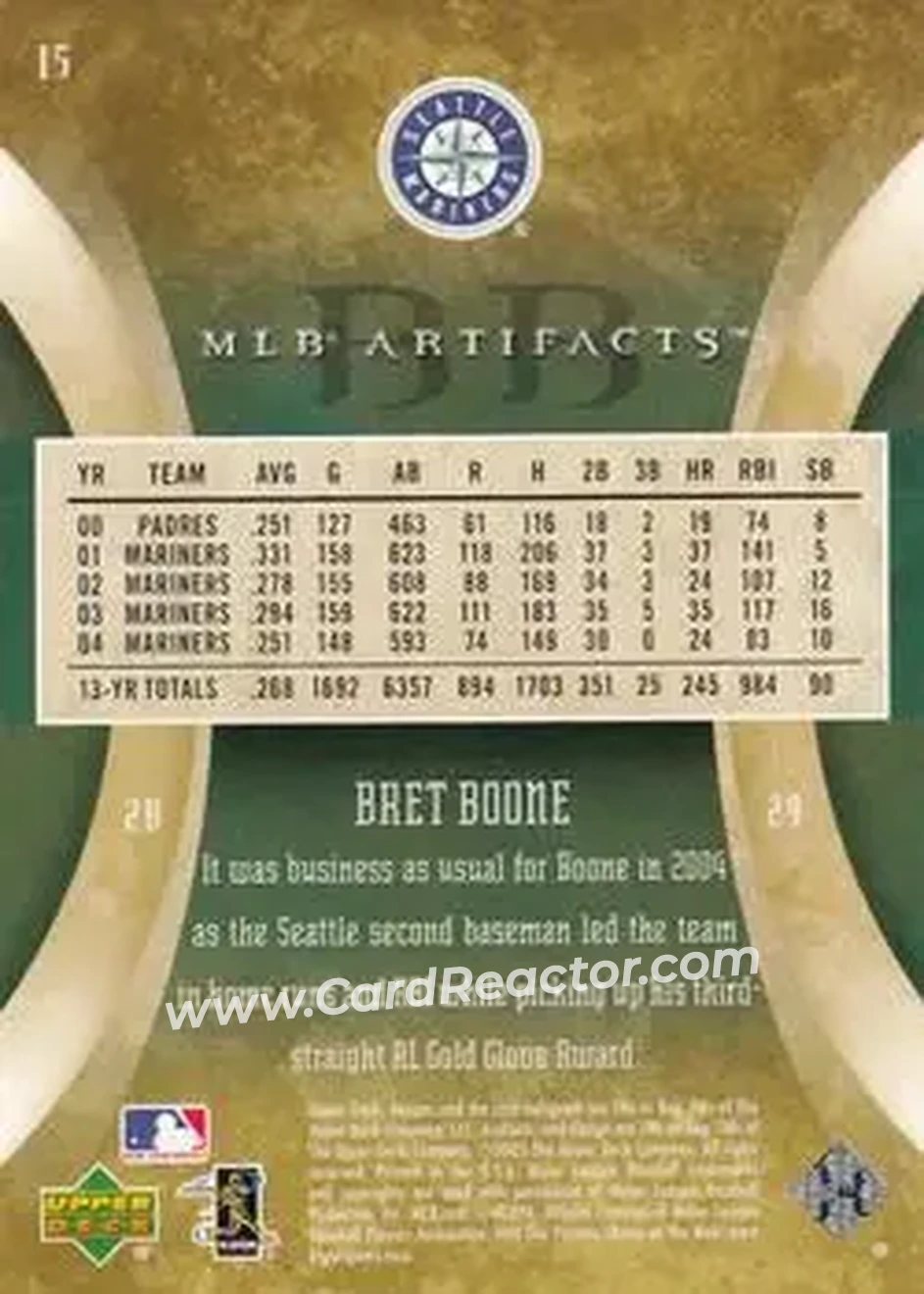 2005 Upper Deck Artifacts #15 - Bret Boone - Seattle Mariners - Back