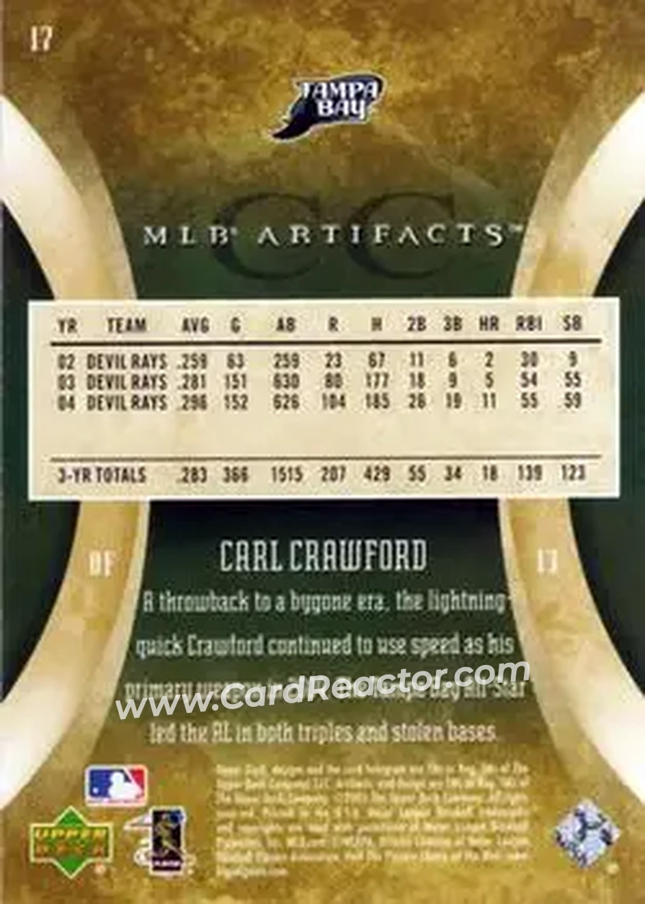 2005 Upper Deck Artifacts #17 - Carl Crawford - Tampa Bay Devil Rays - Back