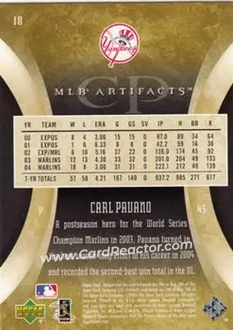 2005 Upper Deck Artifacts #18 - Carl Pavano - New York Yankees - Back