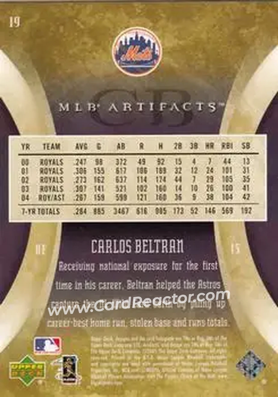2005 Upper Deck Artifacts #19 - Carlos Beltran - New York Mets - Back
