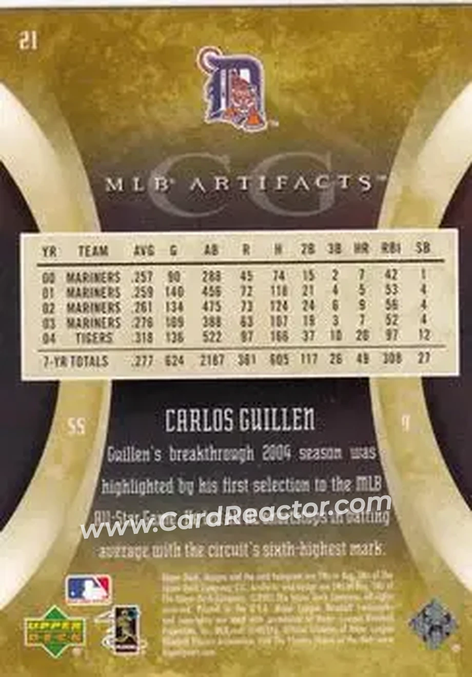 2005 Upper Deck Artifacts #21 - Carlos Guillen - Detroit Tigers - Back