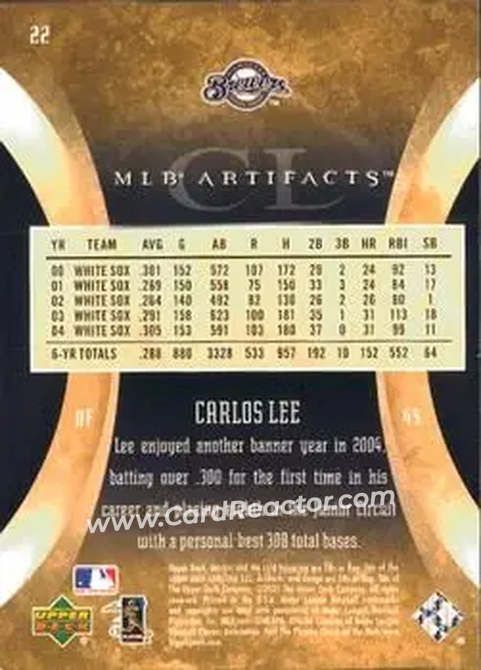 2005 Upper Deck Artifacts #22 - Carlos Lee - Milwaukee Brewers - Back