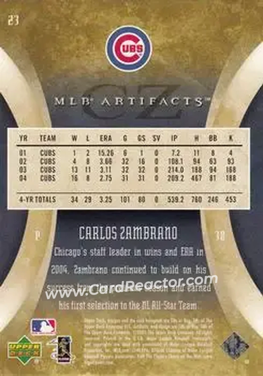 2005 Upper Deck Artifacts #23 - Carlos Zambrano - Chicago Cubs - Back