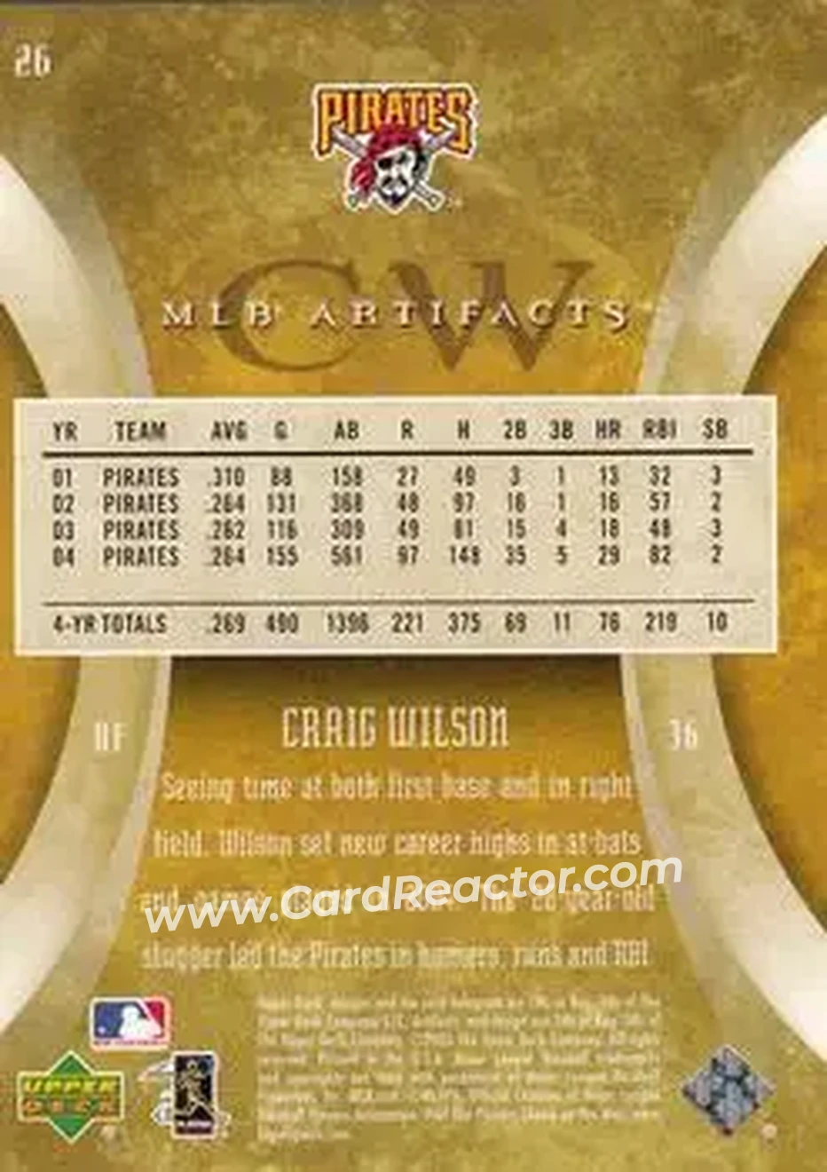 2005 Upper Deck Artifacts #26 - Craig Wilson - Pittsburgh Pirates - Back