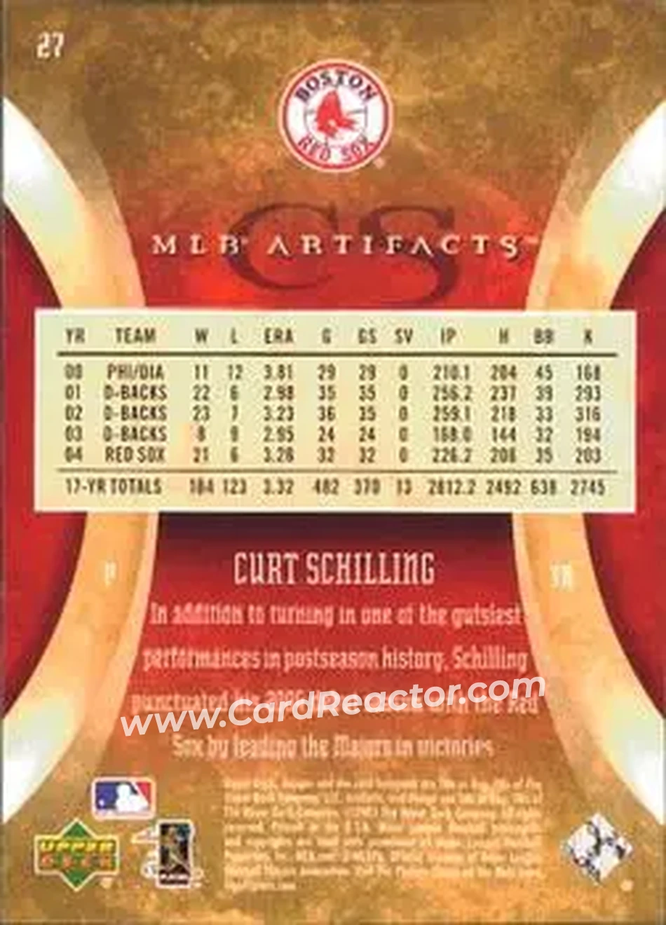 2005 Upper Deck Artifacts #27 - Curt Schilling - Boston Red Sox - Back