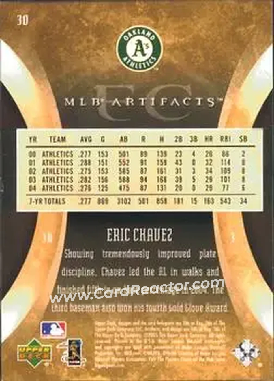 2005 Upper Deck Artifacts #30 - Eric Chavez - Oakland Athletics - Back