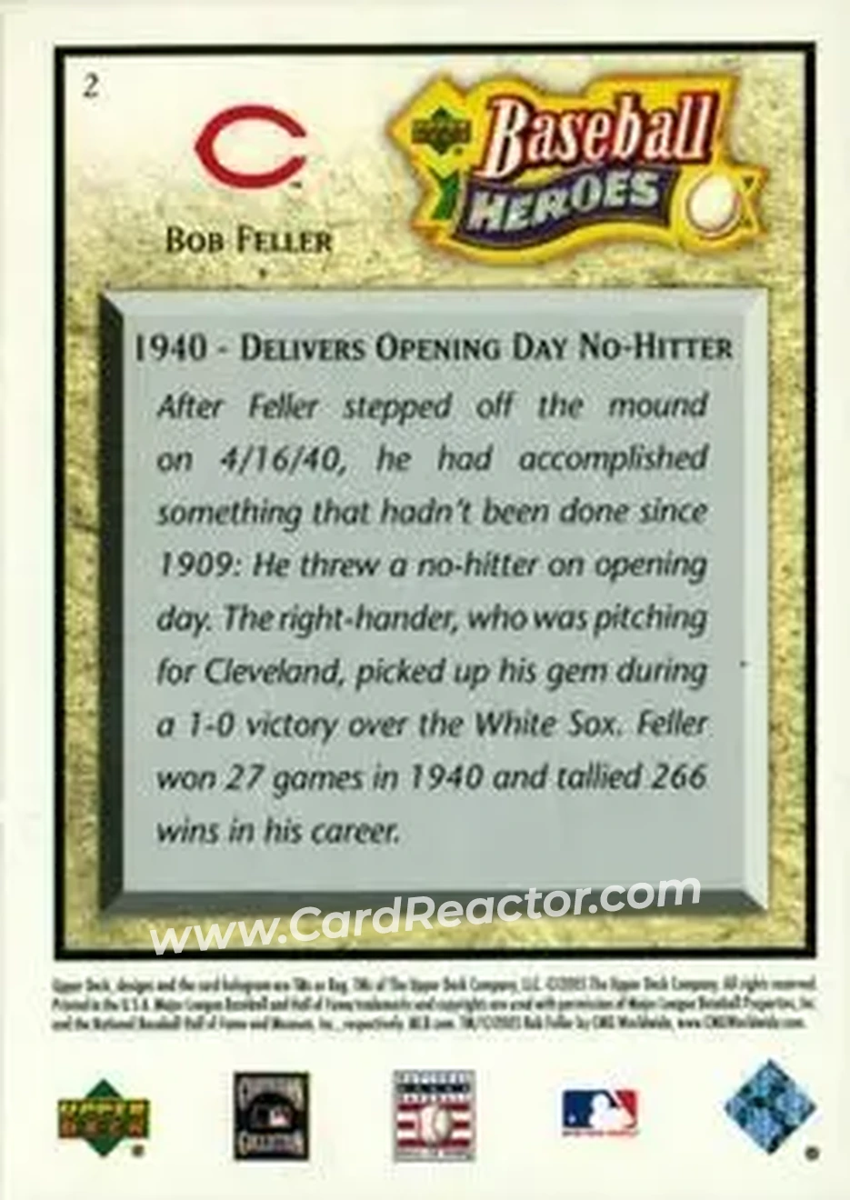 2005 Upper Deck Baseball Heroes #2 - Bob Feller - Cleveland Indians - Back